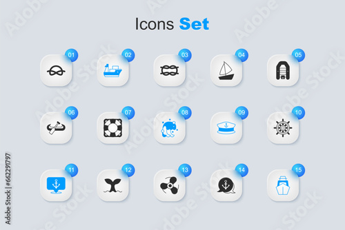 Set Anchor, Lifebuoy, Cargo ship, Yacht sailboat, Ship steering wheel, Nautical rope knots and Tsunami icon. Vector