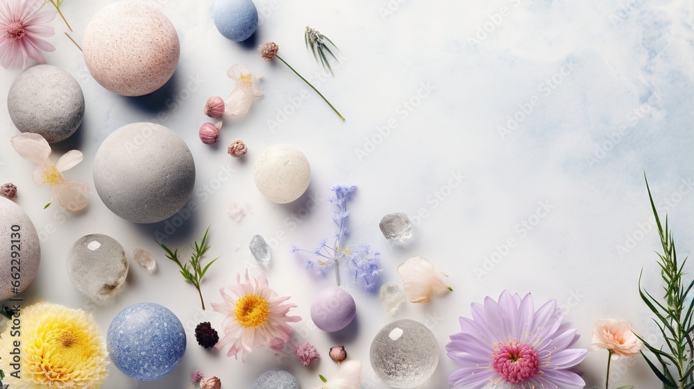 a bunch of different colored eggs on a white surface with flowers. generative ai a bunch of different colored eggs on a white surface with flowers. generative ai