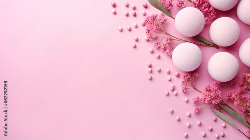  a pink background with eggs and flowers on a pink surface.  generative ai