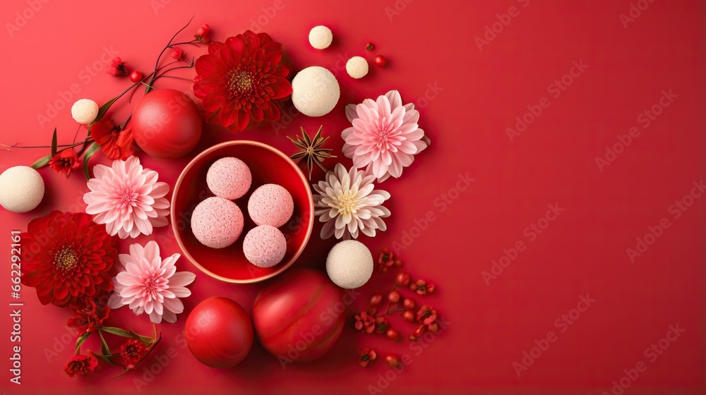 a bowl of eggs and flowers on a red background with space for text. generative ai a bowl of eggs and flowers on a red background with space for text. generative ai