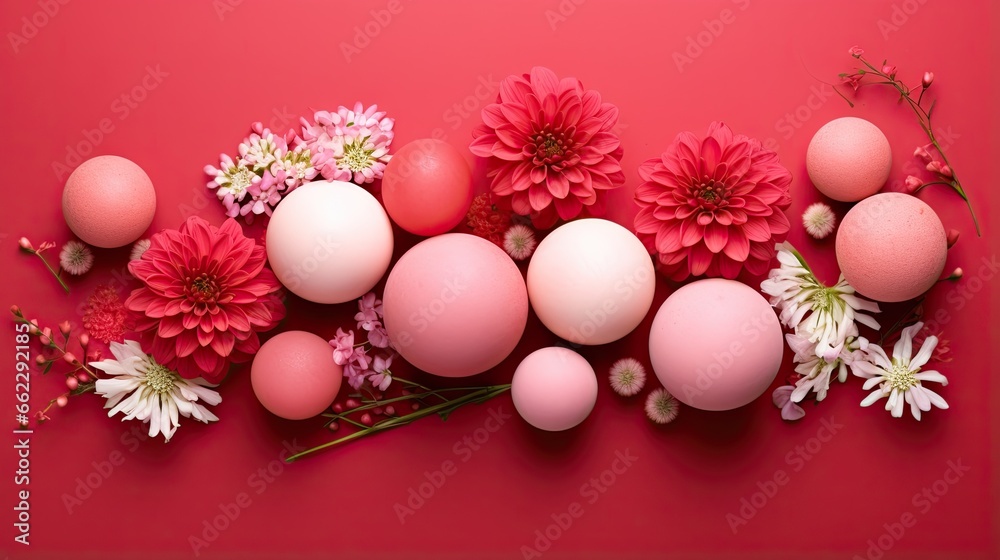 a group of eggs and flowers on a red background with a pink background. generative ai a group of eggs and flowers on a red background with a pink background. generative ai