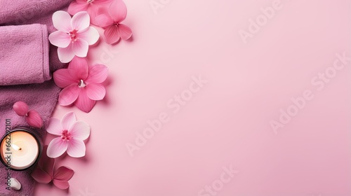  a pink towel, a candle and some pink flowers on a pink background.  generative ai © Shanti