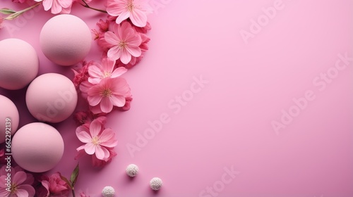  a pink background with pink flowers and eggs on the side.  generative ai