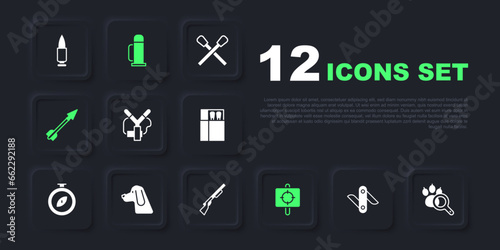 Set Swiss army knife, Paw search, Slingshot, Target sport, Medieval arrow, Hunting dog, Thermos container and gun icon. Vector