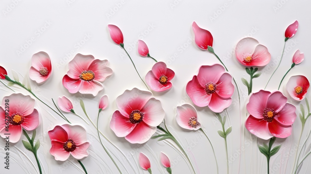 a group of pink flowers on a white wall with green stems.  generative ai