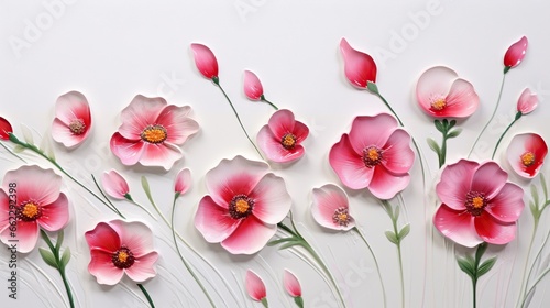  a group of pink flowers on a white wall with green stems.  generative ai