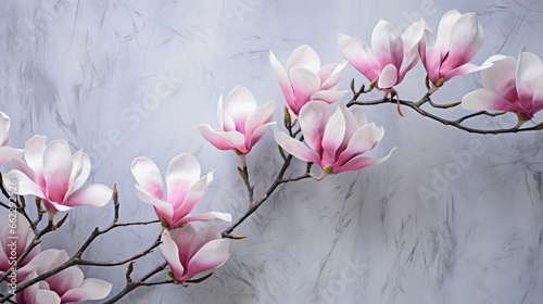  a branch of pink and white flowers on a marble background.  generative ai photo