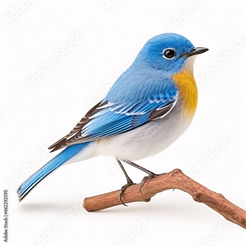 Beautiful orange bird with blue head calmly perching on thin mossy branch isolated on white background, male of blue-fronted redstart