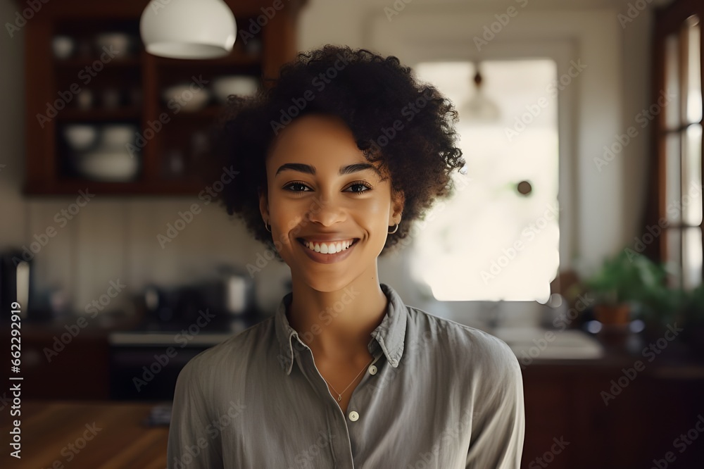 happy black woman smiling and standing at the table in the living room