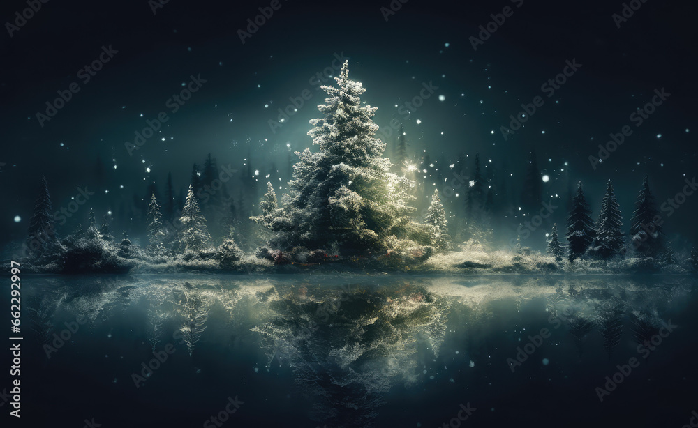 Illuminated Christmas Tree Reflecting in Snowy Forest