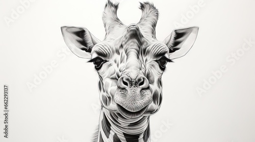  a black and white drawing of a giraffe s face.  generative ai