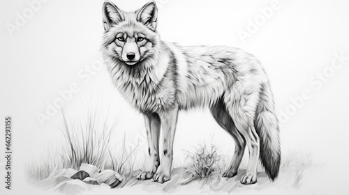  a drawing of a wolf standing in a field of grass. generative ai