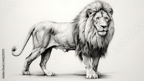  a drawing of a lion standing on a white surface with a white background. generative ai
