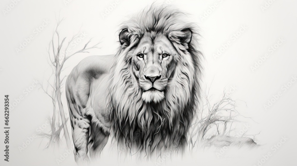 a black and white drawing of a lion in a field. generative ai a black and white drawing of a lion in a field. generative ai