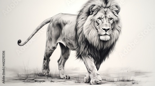  a black and white drawing of a lion on a white background. generative ai
