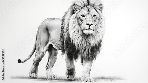  a black and white drawing of a lion standing in the grass. generative ai