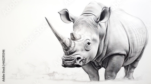  a drawing of a rhinoceros standing in a field.  generative ai