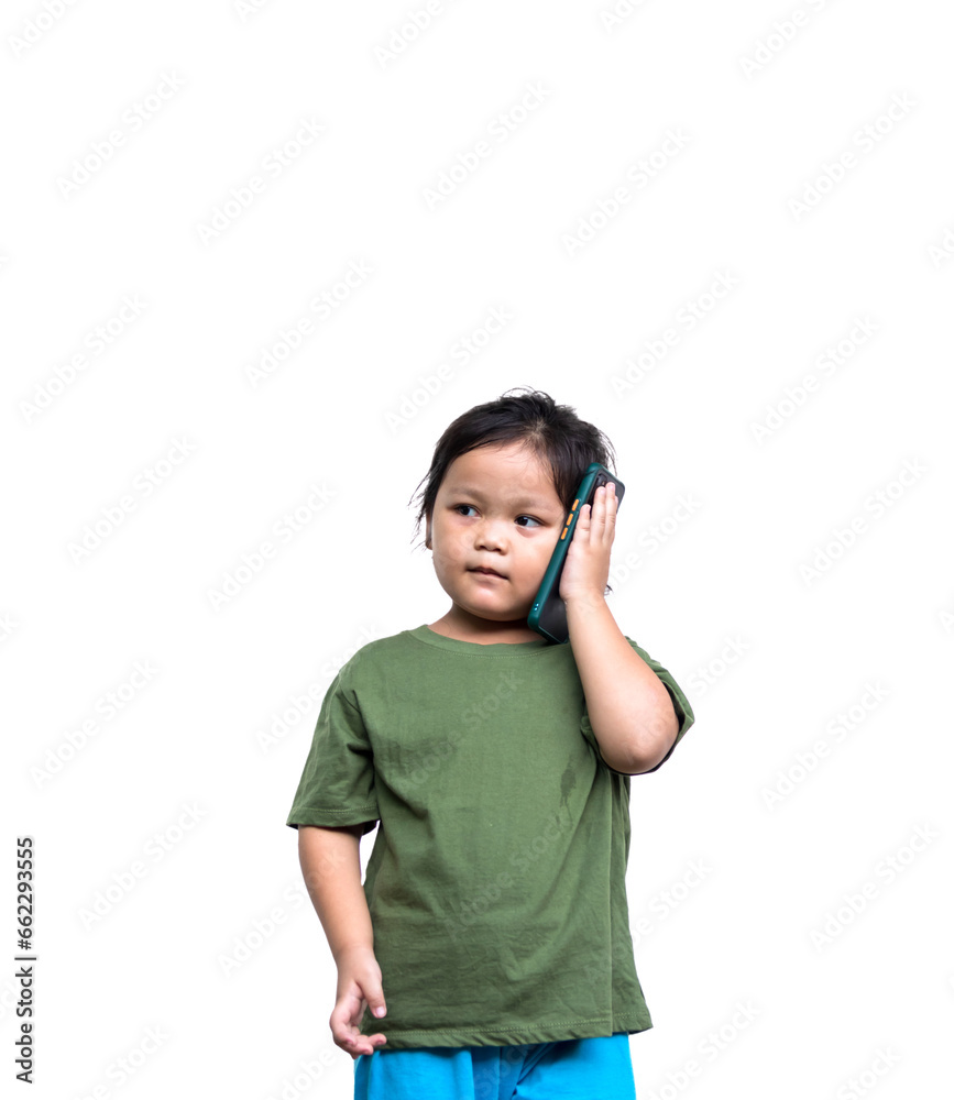Cute little asia girl in casual clothes talking on the mobile phone and smiling. Cute little asia girl in casual clothes talking on the mobile phone and smiling.