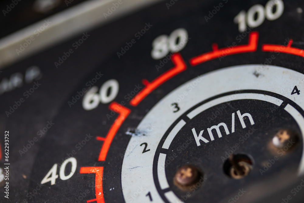 Motorcycle dashboard, speedometer, black dial shows the speed of the motorcycle.