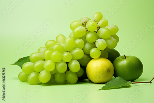 Grapes  lemon and apple on green background