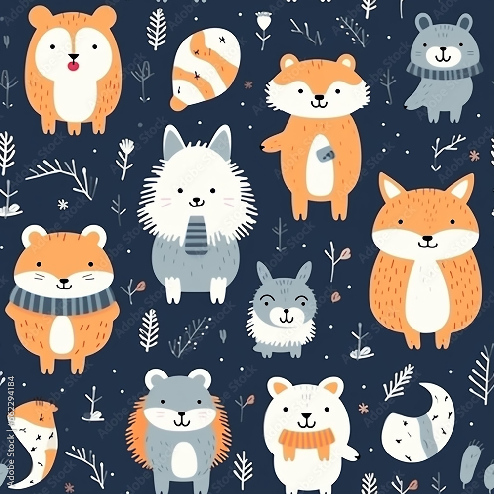 Seamless pattern with cute forest animals and trees, pattern Christmas winter big collection Seamless pattern with cute forest animals and trees, pattern Christmas winter big collection
