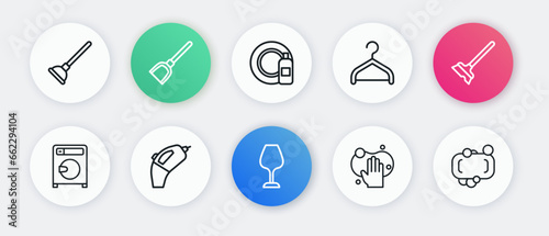 Set line Wine glass, Mop, Washer, Sponge, Hanger wardrobe, Dishwashing bottle and plate, Bar of soap and Portable vacuum cleaner icon. Vector