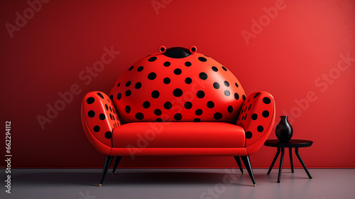 Stylish living room interior, trendy sofa and table, ladybug ladybird design, red with black dots, minimalism. Beautiful unique home design expressing individuality and creativity.