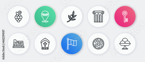 Set line Flag Italy, Old key, Coliseum, Pizza, Ancient column, Olives branch, Ice cream in the bowl and Pope hat icon. Vector