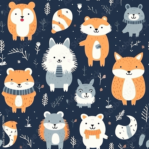 Seamless pattern with cute forest animals and trees  pattern Christmas winter big collection