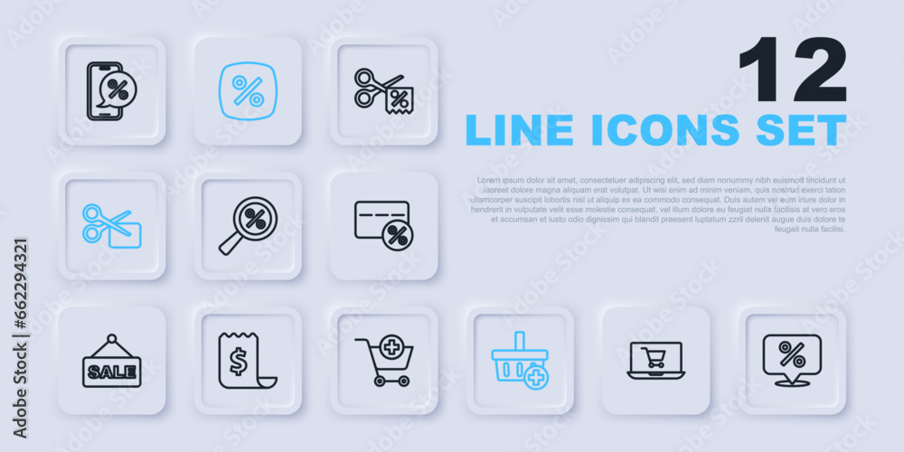 Set line Shopping cart on screen laptop, Discount percent tag, Magnifying glass with, Add basket, Scissors cuts discount coupon, Paper check and financial check, and icon. Vector Set line Shopping cart on screen laptop, Discount percent tag, Magnifying glass with, Add basket, Scissors cuts discount coupon, Paper check and financial check, and icon. Vector