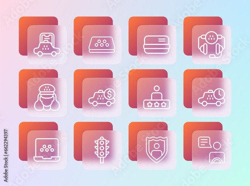 Set line Taxi call telephone service, Traffic light, rating, Life insurance with shield, Taximeter device, Credit card, mobile app and roof icon. Vector
