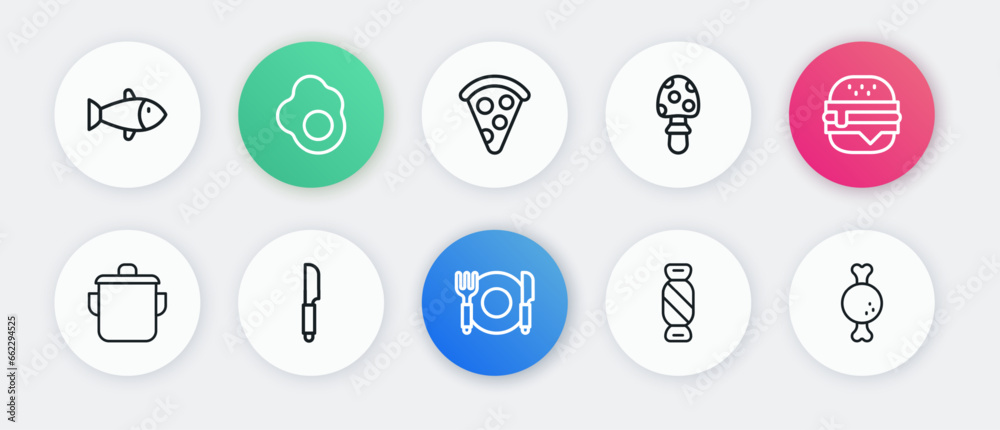 Set line Plate, fork and knife, Burger, Cooking pot, Candy, Fly agaric mushroom, Slice of pizza, Chicken leg and Knife icon. Vector Set line Plate, fork and knife, Burger, Cooking pot, Candy, Fly agaric mushroom, Slice of pizza, Chicken leg and Knife icon. Vector