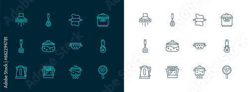 Set line Slow cooker, Oven, Kitchen colander, Cooking pot on fire, Rolling pin dough, extractor fan and whisk icon. Vector
