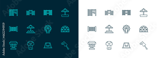 Set line Sandbox with sand, Mushroom house, Ferris wheel, Swing for kids, Swedish wall, and icon. Vector
