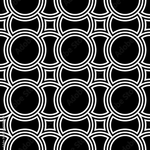 Black figures background. Circles and squares texture. Ethnic motif. Seamless surface pattern design with circular embroidery ornament. Digital paper with rings for textile print, web designing.