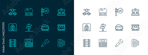 Set line Railway station, Train board, Coal train wagon, Wrench spanner, Road traffic sign, Toilet, Handcar transportation and Oil railway cistern icon. Vector