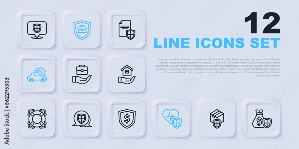 Set line Delivery security with shield, Money bag, Hand holding briefcase, Life insurance, Car, Shield, Briefcase and dollar icon. Vector Set line Delivery security with shield, Money bag, Hand holding briefcase, Life insurance, Car, Shield, Briefcase and dollar icon. Vector