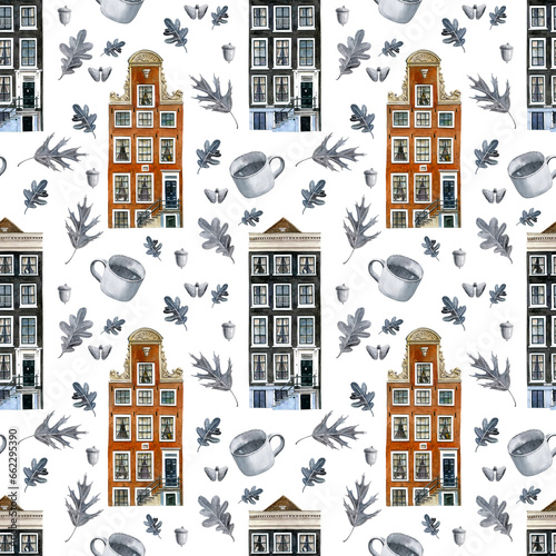 Photography Seamless pattern of hand drawn watercolor Holland houses