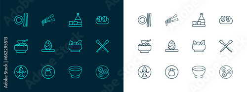 Set line Sushi, Wonton, Soy sauce in bowl, Chinese tea egg, Bottle of sake, Food chopsticks with plate and noodles icon. Vector