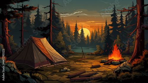 Tourist camping near forest in the sunset. Illuminated tent and campfire 