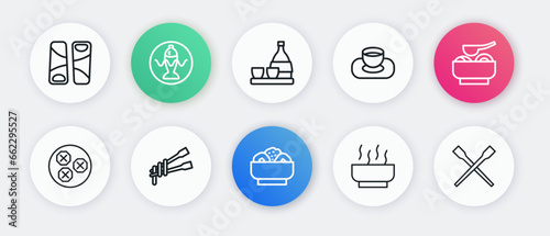 Set line Chow mein on plate, Ramen soup bowl, Wonton, Soy sauce, Bottle of sake, Food chopsticks and with noodles icon. Vector
