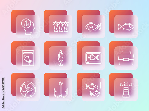 Set line Fish, Fishing hook, finder echo sounder, with fish, lure, Fisherman and Dried icon. Vector