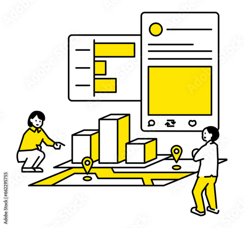 Illustration of two people discussing maps, advertisements, etc.