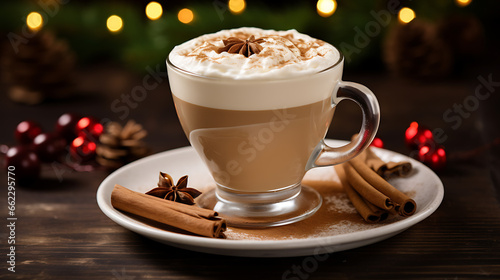 Christmas Chestnut Praline Latte with cinnamons stick and spices