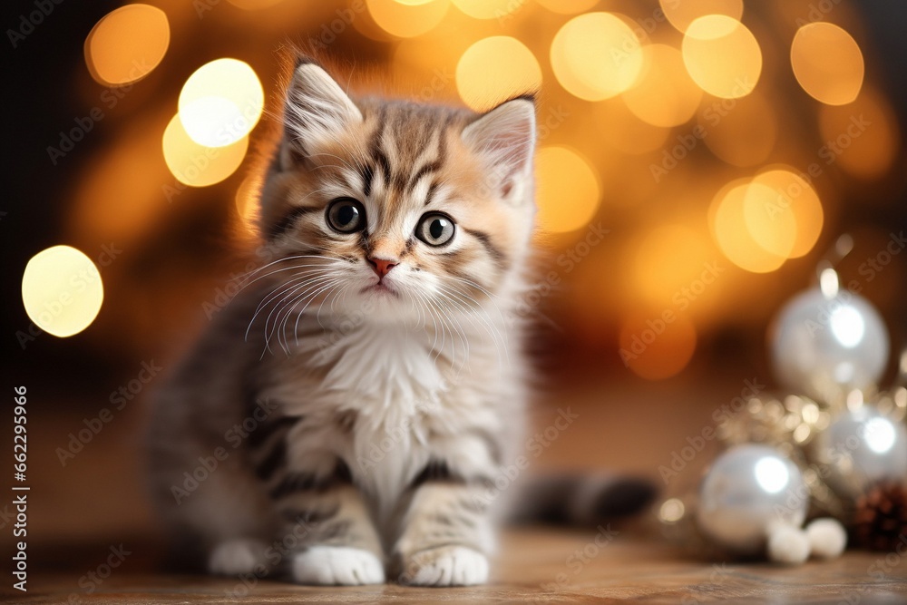 Cute fluffy persian kitten on christmas with golden xmas tree - obrazy, fototapety, plakaty 