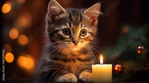 Cute tabby kitten with candle lights
