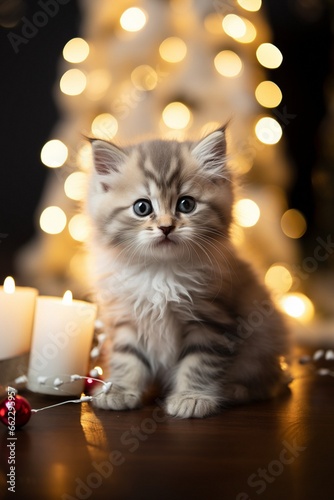 Cute fluffy persian kitten on christmas with golden xmas tree