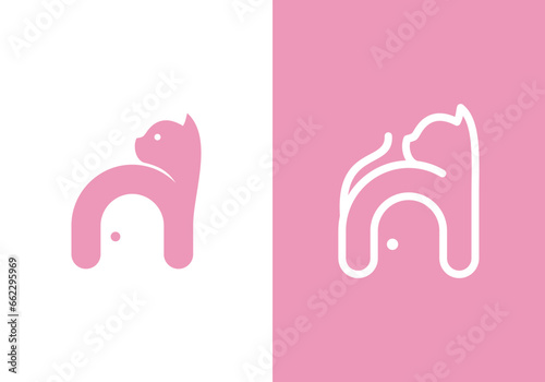 cat house logo design. pet care white linear style concept element symbol vector illustration.