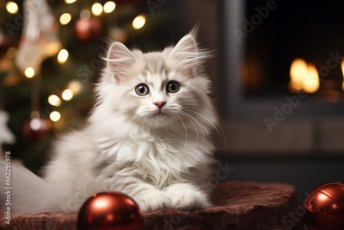 Cute fluffy kitten with christmas decoration