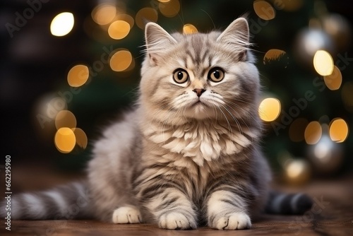 Cute fluffy tabby kitten with christmas decoration and xmas presents